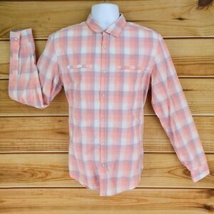 Calvin Klein Button Up Shirt Collared Mens M Peach Pink‎ Gray Plaid Long Sleeve